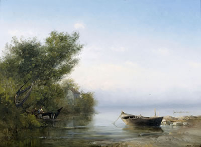 Andre Maglione : Idyllische Seelandschaft mit Ruderboot.