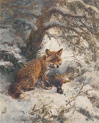 Wilhelm Buddenberg : Winterlandschaft mit Fuchs und Fasan.