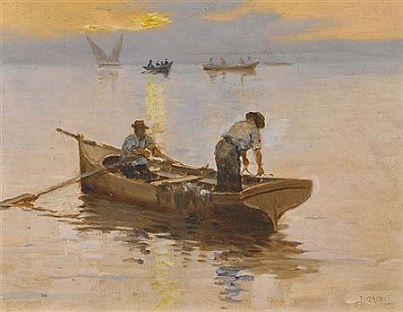 Jules Gachet : Abendliche Stimmung auf dem Genfersee mit Fischern.