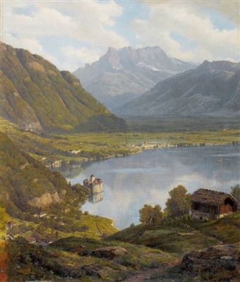 Alfred Chavannes : Lac Léman avec Château Chillon et Dents du Midi.