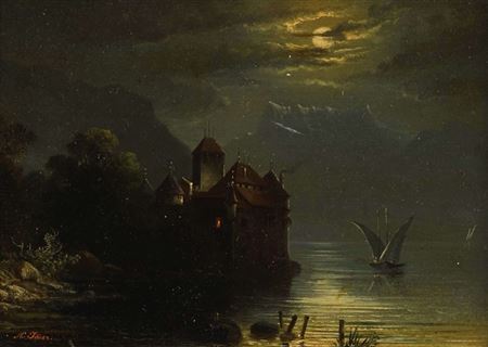 Edouard Auguste Imer : Château Chillon et Dents du Midi au clair de lune