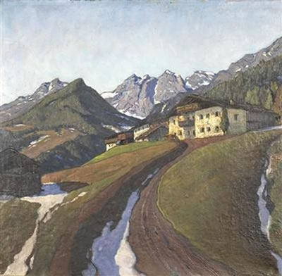 Lois Lupp Alton : Tiroler Berglandschaft mit Gutshof