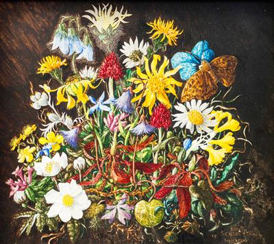 Hugo Meinhard Schiechtl : Blumenstillleben mit Schmetterling