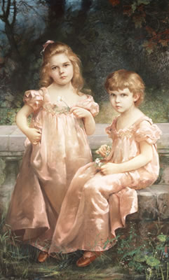 Guido Mantovani : PORTRAIT OF TWO GIRLS IN PINK DRESSES