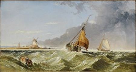 Edward Hayes : Shipping off a stormy coast with windmill