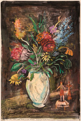 Maria Kistler : 'Blumenstrauß in Vase mit Nippesfiguren'