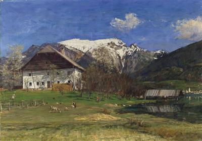 Adolf Helmberger : 'Abersee (Fährhütte) mit Blick auf St. Wolfgang und schneebedecktem Schafberg'