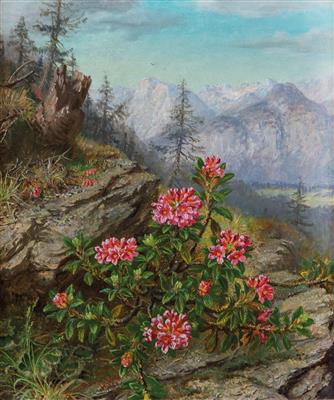 Anna Stainer-Knittel : 'Alpenrosen mit Berglandschaft'