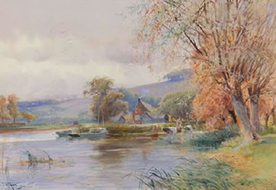 Henry Charles Fox : River Landscape with Cattle and Farm Buildings