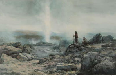 William Joseph Wadham : Geyser Erupting with Maori Figures Watching