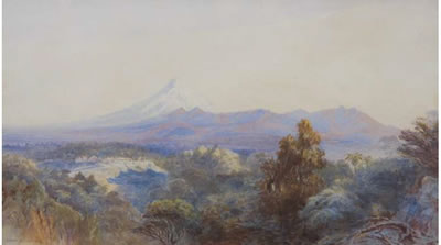 John Gully : Mount Egmont with (possibly) Omata  Stockade in the distance