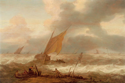 Cornelis Leonardsz Stooter : Ships on a Choppy Sea, in the Foreground a Boat with Fishermen