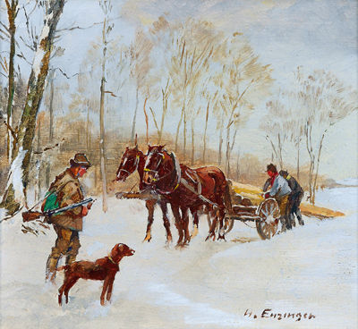 Hans Enzinger : A wood cart and hunters and Horse carriages and a farmhouse