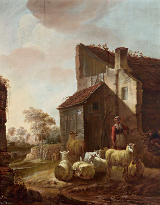 Jan Baptist Wolfaerts : A woman holding a jug in her hand, with sheep in front of a farmhouse