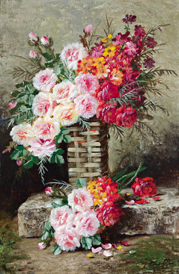 Max Albert Carlier : Bunch of Summer Flowers in a Wicker Basket