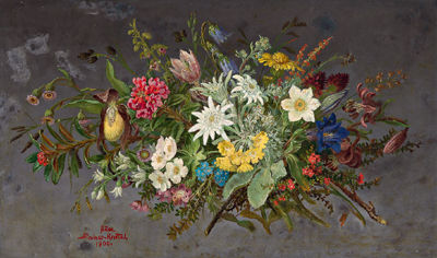 Anna Stainer-Knittel : Large bunch of Alpine Flowers with Anemonea, Blue Bells, Arnica, Primroses and Lady's Slippers