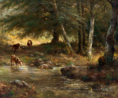 Adolf Johann Hoeffler : Cows at the Watering Place