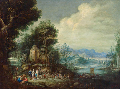 Johann Jacob Hartmann : Wide river landscape with numerous figures