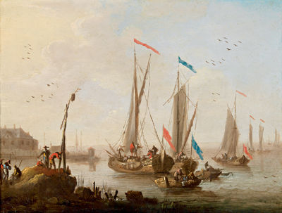 Norbert Joseph Carl Grund : Coastal landscape with ships entering port