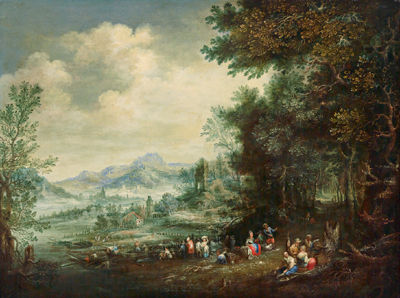 Johann Jacob Hartmann : Wooded river landscape with resting travellers