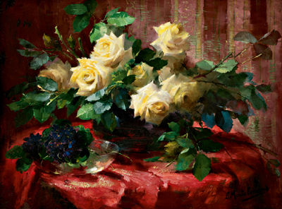 Frans Mortelmans : Still Life with a Bunch of Yellow Roses and Violets