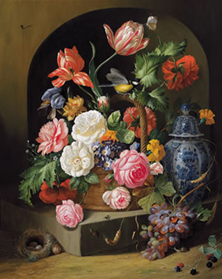 Josef Holstayn : Bouquet of flowers with birds nest and Chinese vase