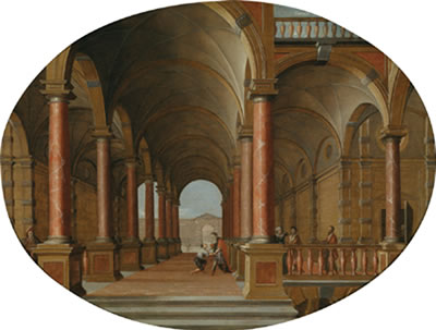 Jan Juriaensz Van Baden : Columned hall of a palace with the Return of the Prodigal Son