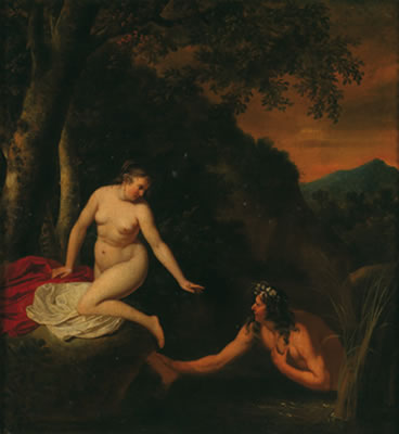 Jan Neck : Mythological scene: A nymph bathing by a riverbank and a river god