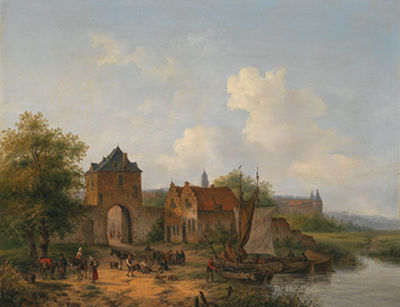 Anton Braakman : View of a Dutch City with Fishermen Unloading their Catch