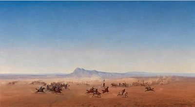 Henrik August Ankarcrona : Battle on Horseback between Arabs and the French Colonial Cavalry (Chasseurs d'Afrique), the Arabic Standard-Bearer with the Green Flag of the Prophet, North Africa around 1860/70