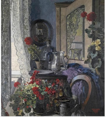 Josef Stoitzner : Still life with geraniums, water jug and mirror in front of a window