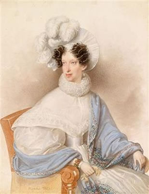 Josef Kriehuber : A portrait of a lady in a white dress and a lightblue cape with a plumed hat, seated in an armchair