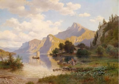 Ludwig Georg Eduard Halauska : Fishermen Returning Home on an Alpine Lake (Salzkammergut?)