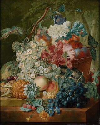 Wybrand Hendriks : Still life with grapes, peaches, pineapple and flowers on two stone slabs and in a basket