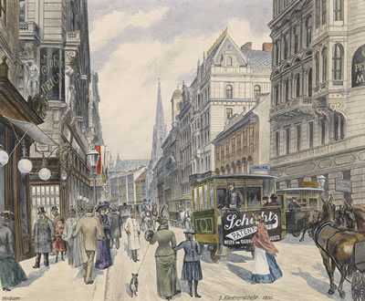 Max Neubauer : Kärntnerstraße with horse carts and passers-by