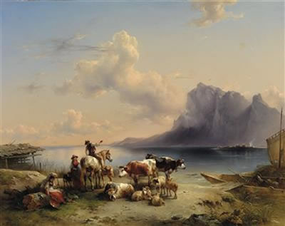 Friedrich Gauermann : Herders and Cattle on Attersee