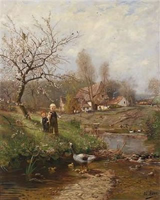 Adolf Lins : Spring Landscape with Two Children and Geese