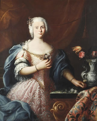 Sebastiano Ceccarini : Portrait of a noble lady in three-quarter profile in a pink dress and blue cloak next to a table with a vase of flowers decorated with a silver coat-of-arms