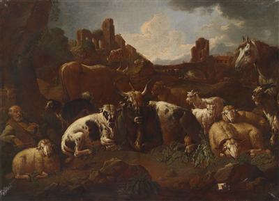 Domenico Brandi : Two southern landscapes with shepherds and their flocks