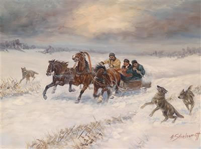 Athanasei Iwanowitsch Scheloumoff : Troika in the Snow on a Wolf Hunt