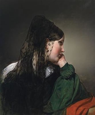 Friedrich von Amerling : Profile Portrait of a Girl with Black Mantilla