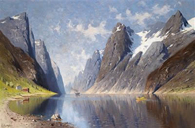 Elisabeth Gruttefien Kiekebusch : Large Fjord Landscape with Steamship