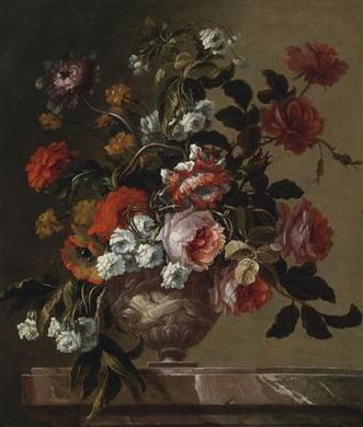 Charles Gilles Dutillieu : A still life with roses, chrysanthems, poppies and other flowers