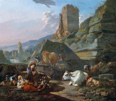 Johann Heinrich Roos : A family of shepherds and their flock in a mountain landscape