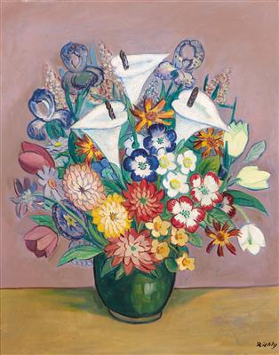 Rudolf Richly : Bouquet of flowers with three callas, irises, tulips, dahlias