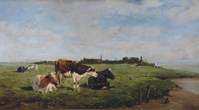 Alfred Jacques Verwee : POLDER LANDSCAPE WITH CATTLE NEAR THE BANK