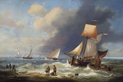 Louis Charles Verboeckhoven : Bateaux de pêche près de la plage