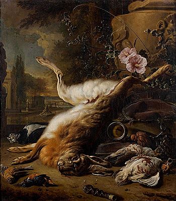 Jan Weenix : Trophée de chasse au lièvre, au bruant jaune, martin-pêcheur et deux perdrix devant un vase de pierre sculpté et une rose trémière