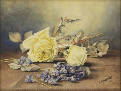 Clara Maxfield Arnold : Still Life with Yellow Roses and Blue Hydrangea