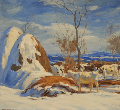 George Glenn Newell : WINTER GRAZING WITH HAYSTACKS